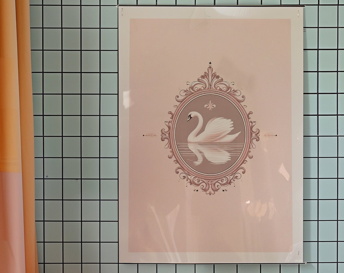 Elegant White Swan Vintage Cameo Blush Pink Ornate Frame Wall Art