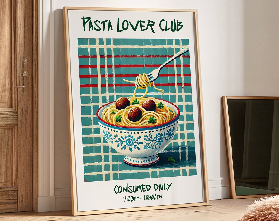 Pasta Lover Club Spaghetti Meatballs Teal Checkered Retro Poster