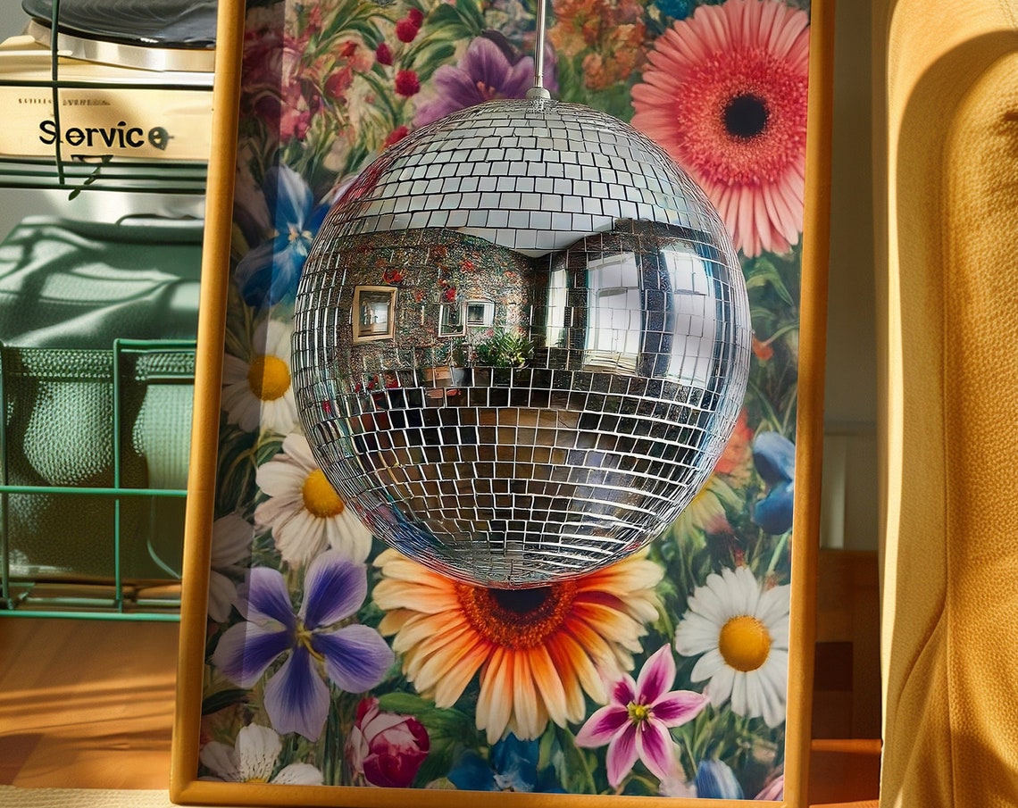Disco Ball Hanging Floral Garden Colorful Funky Retro Art Poster - Image 5
