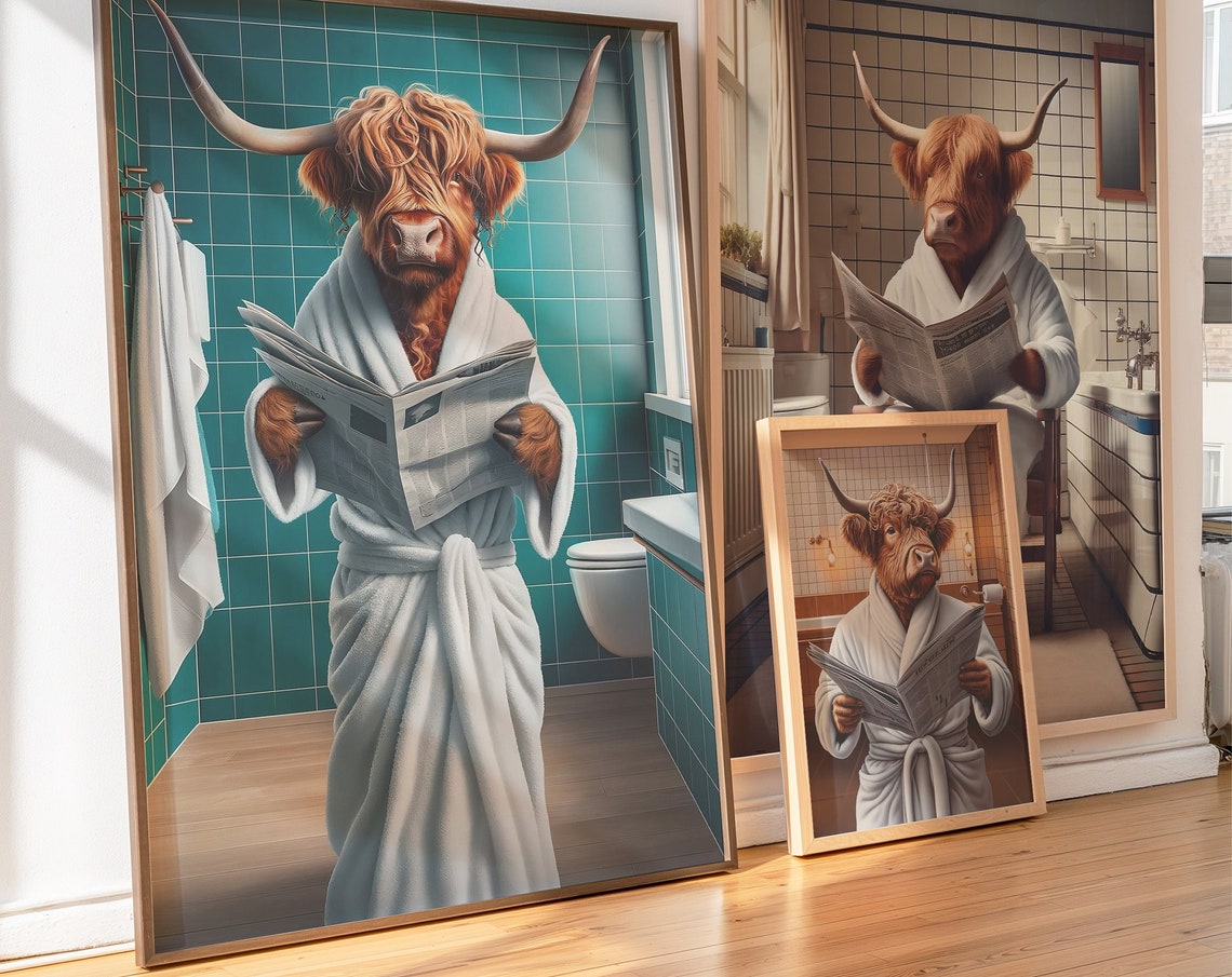 Highland Cow Bathrobe Reading Newspaper Funny Bathroom Poster - Image 3