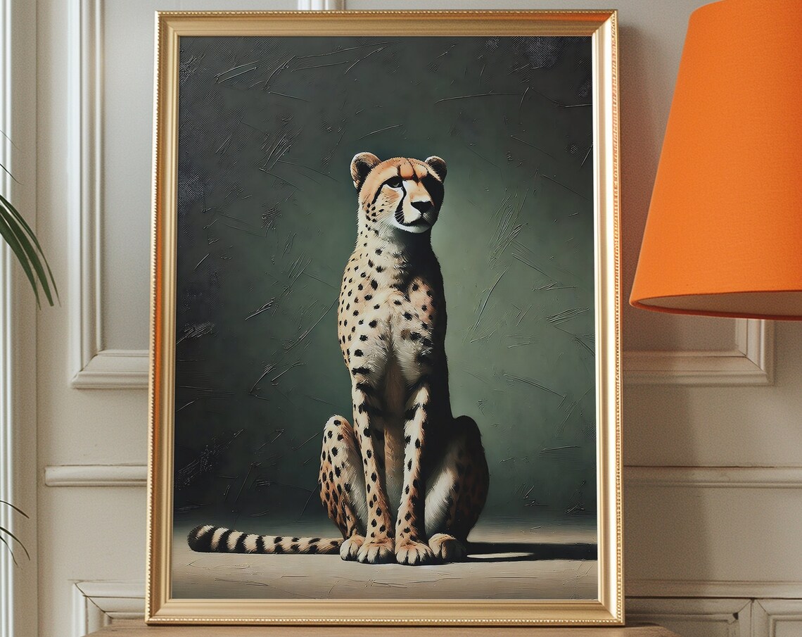Regal Seated Cheetah Portrait On Dark Green Wildlife Art Poster