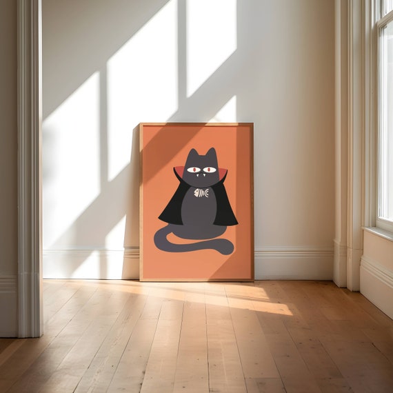 Vampire Cat Wall Art Halloween Wall Art Cat Illustration Art Print Cute Halloween Wall Decor Dracula Cat Drawing Print At Home Decor