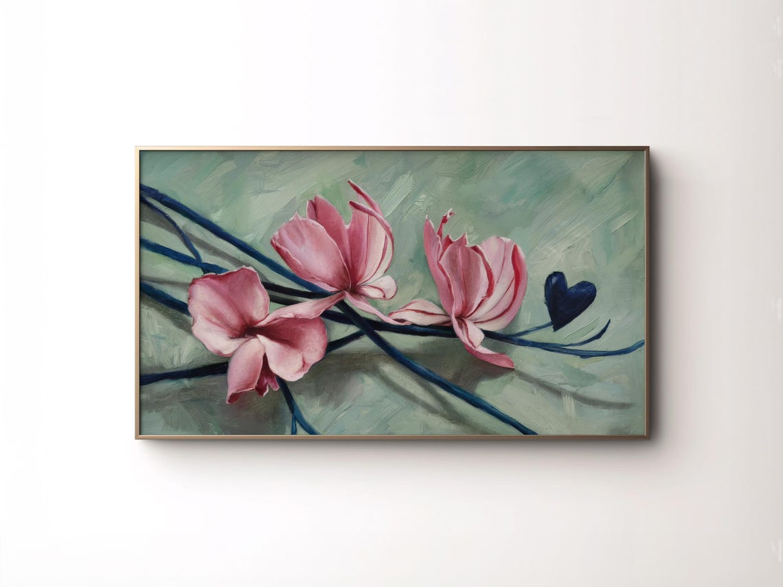 Pink Magnolia Blossoms Dark Blue Branch Sage Green Floral Poster - Image 3