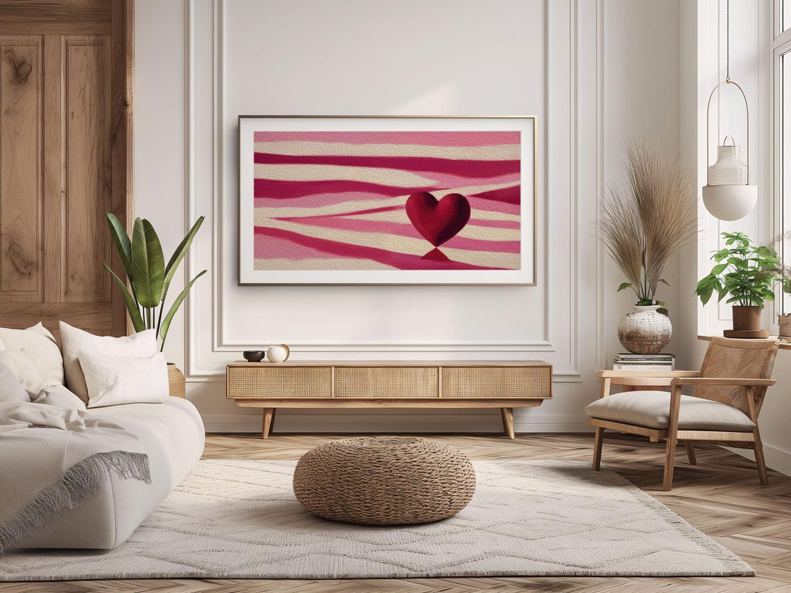Abstract Pink Striped Background Textured Red Heart Romantic Art Print - Image 3