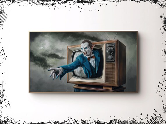 Retro Vampire Climbing Out Vintage TV Dark Moody Halloween Art Poster