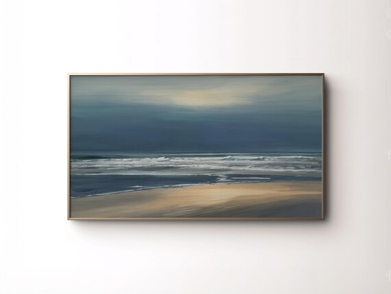 Frame Tv Art Coastal Moody Beach Painting Muted Neutral Seascape Modern Winter Seaside Artwork For Tv Minimalist Ocean Landscape