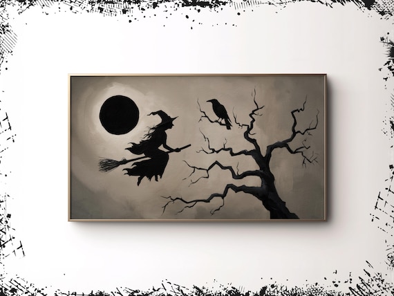 Witch Broom Black Moon Crow Bare Tree Neutral Moody Halloween Art Poster