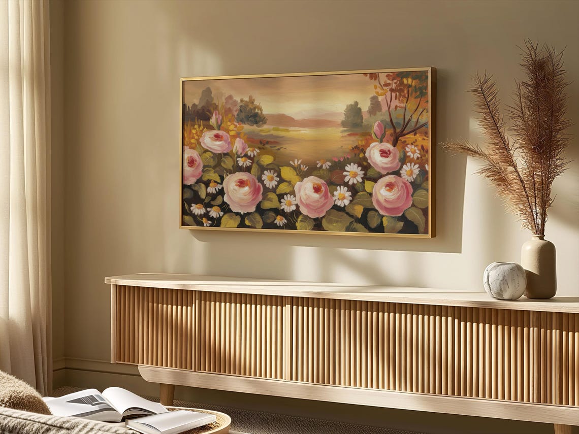 Pink Roses Daisies Sunset Garden Rustic Cottagecore Floral Poster - Image 4