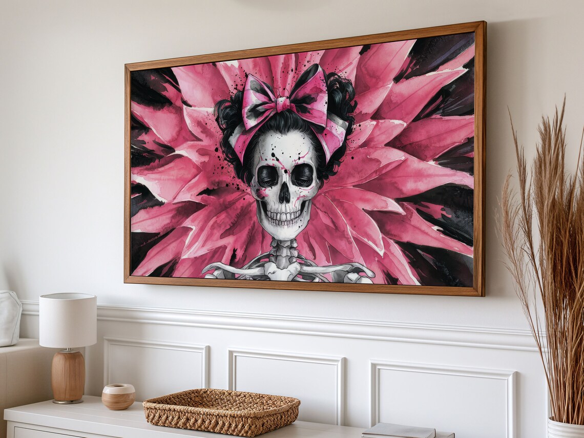 Pink Goth Skeleton With Bow Dark Coquette Watercolor Halloween Wall Poster - Image 2