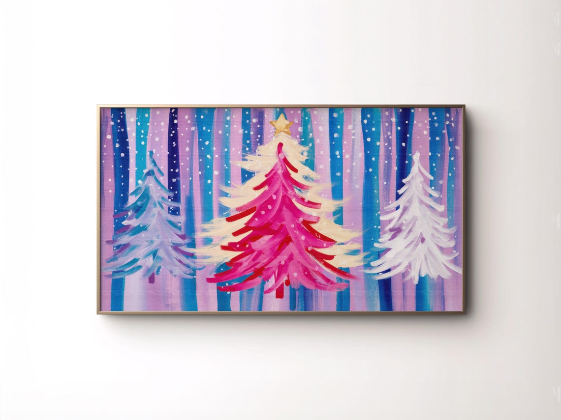 Pink Blue White Whimsical Christmas Trees Snowy Abstract Poster