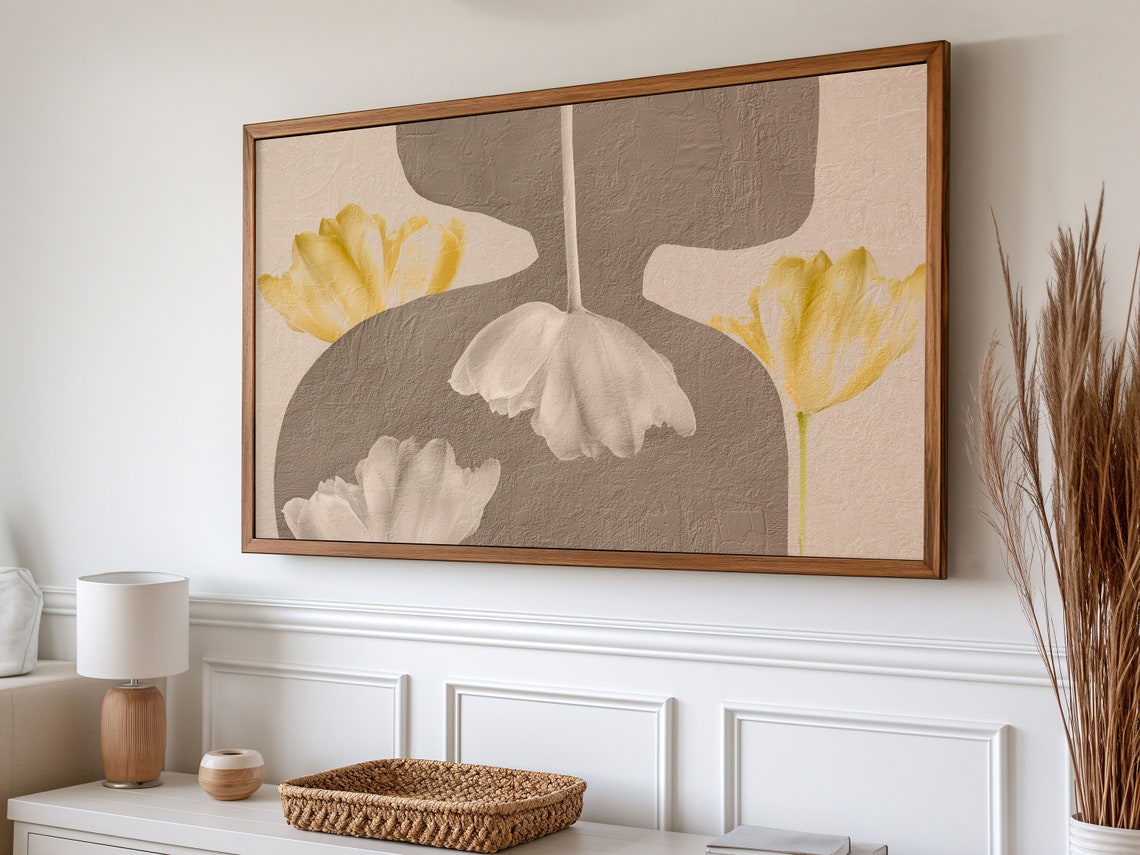 Modern Minimalist Beige Floral Abstract Yellow Tulips Texture Wall Art