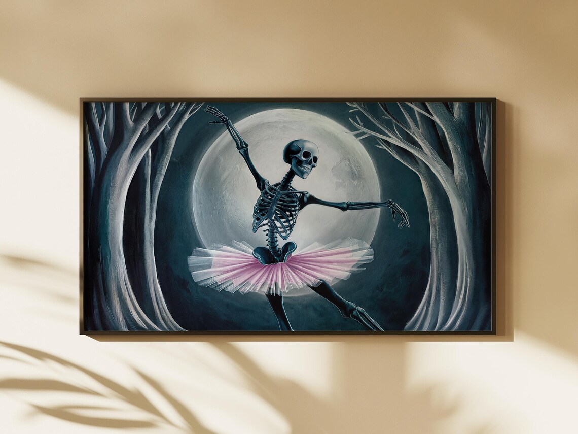 Skeleton Ballerina Pink Tutu Full Moon Dark Forest Halloween Art Poster - Image 2