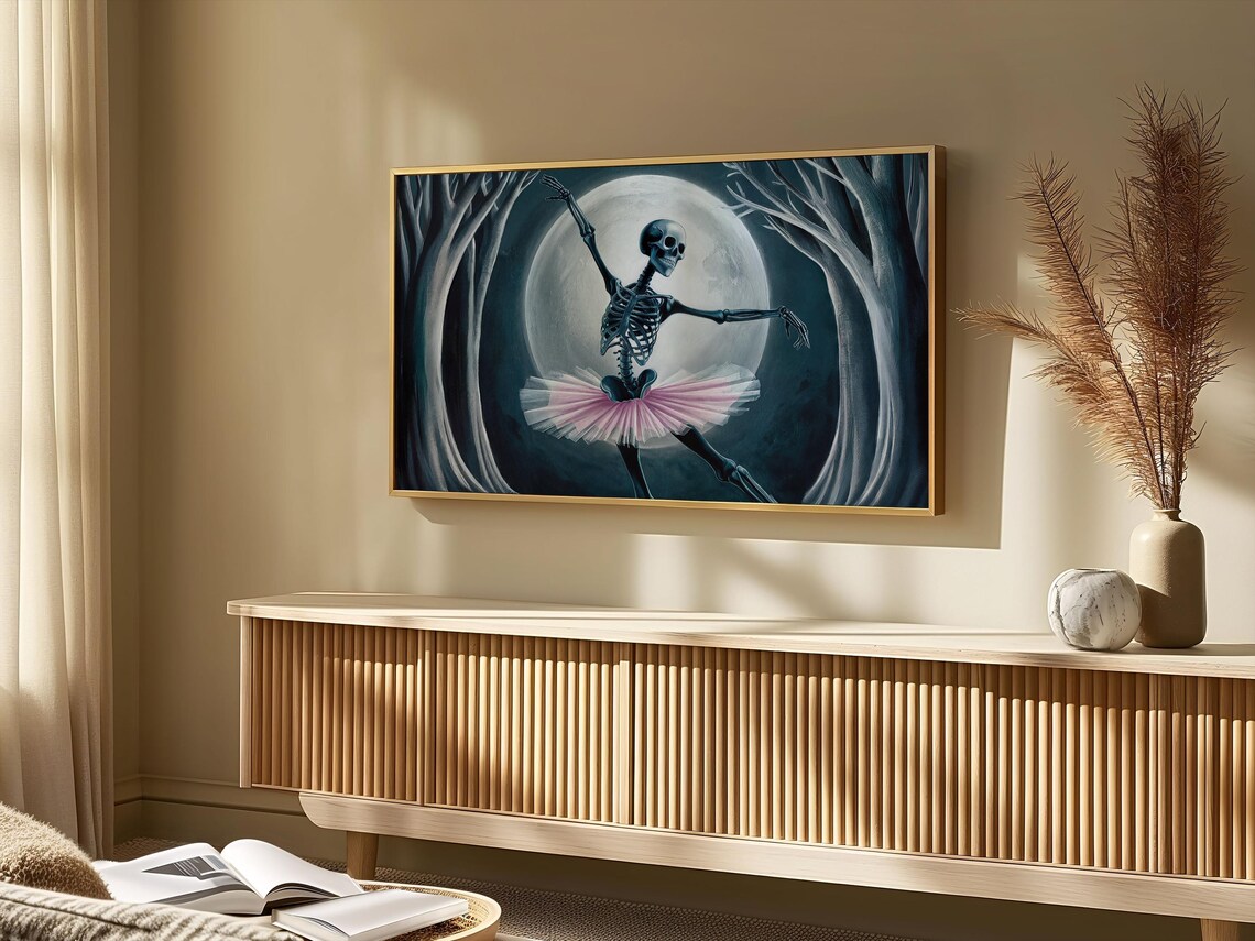 Skeleton Ballerina Pink Tutu Full Moon Dark Forest Halloween Art Poster - Image 4