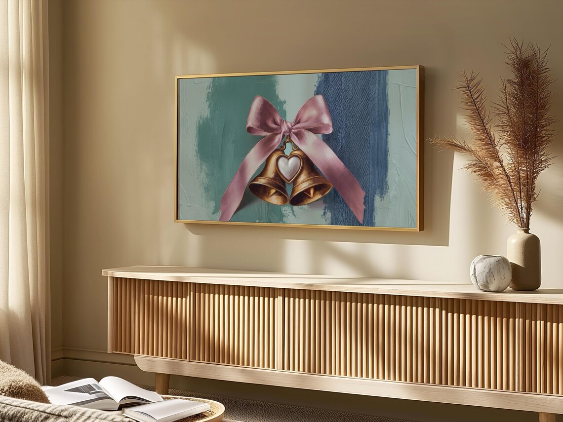 Golden Christmas Bells Pink Satin Bow Teal Background Holiday Poster - Image 4