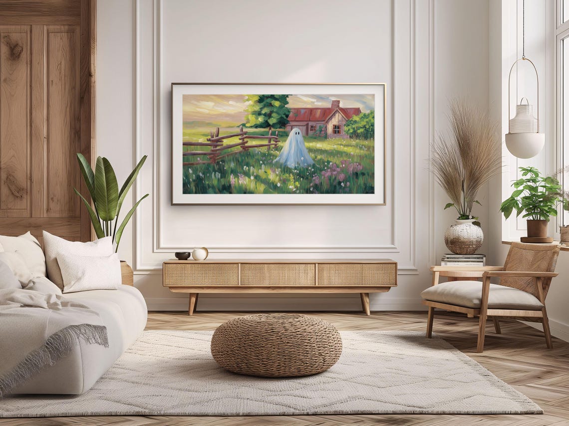 Cute Ghost Meadow Floral Halloween Painting Rustic Barn Scene Poster - Image 2