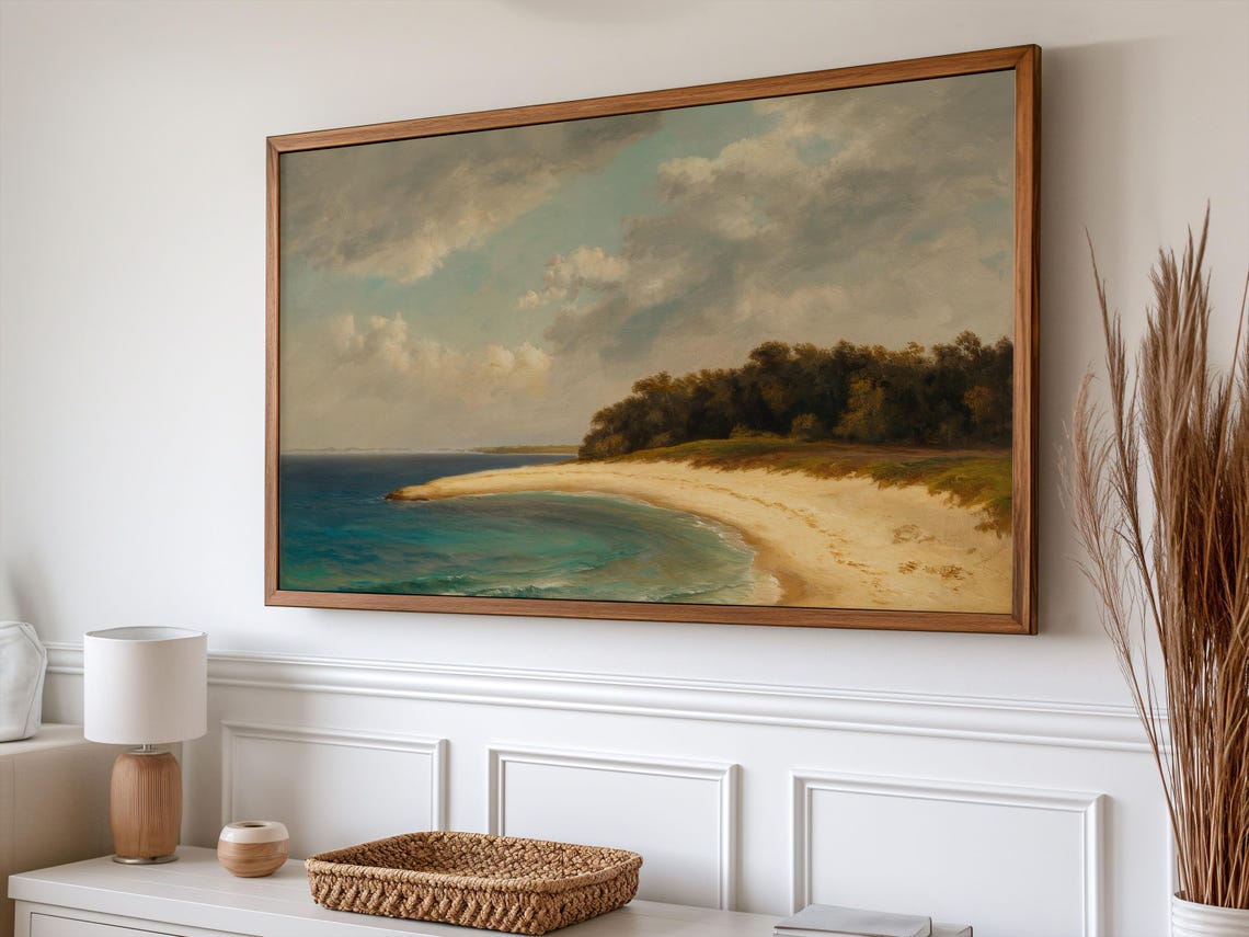 Vintage Coastal Beach Cove Turquoise Ocean Neutral Seascape Art Poster