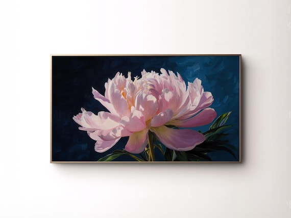 Frame Tv Art Moody Spring Flower Textured Pink Peony Painting Navy Blue Floral Artwork Minimalist Romantic Valentines Art For Tv
