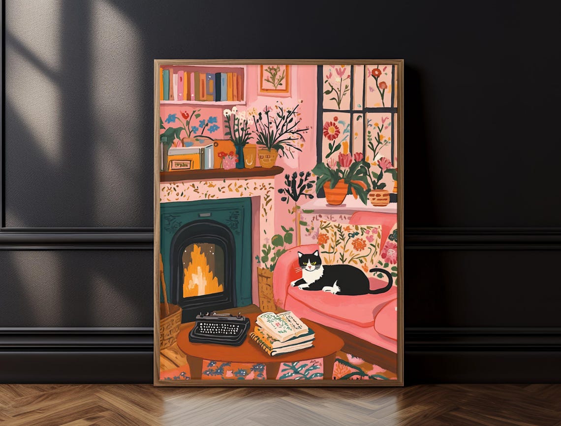 Pink Cozy Living Room Fireplace Books Typewriter Cat Folk Wall Art