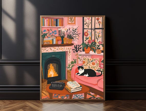 Henri Matisse Fireplace Print Matisse Inspired Cat Artwork Modern Floral Art For Cat Lovers Trendy Wall Decor