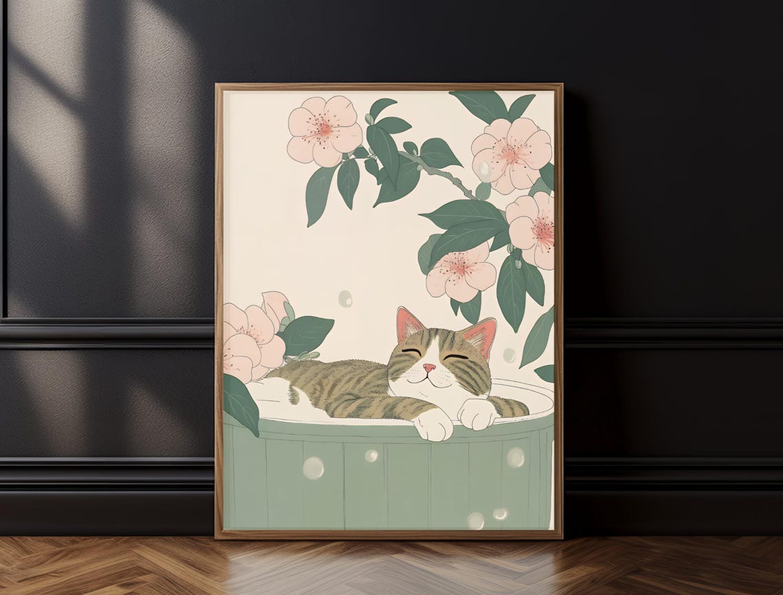 Cat Poster Japandi Art Minimalist Tabby Cat Print Japanese Bathroom Wall Decor Gift Cute Cat Wall Art