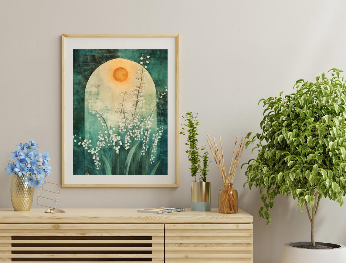 White Wildflowers Golden Sun Arch Teal Botanical Morning Poster - Image 3