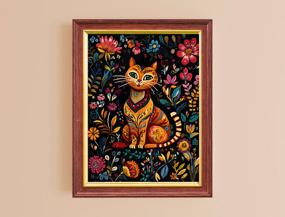 Orange Tabby Cat Folk Art Colorful Floral Dark Background Print - Image 2