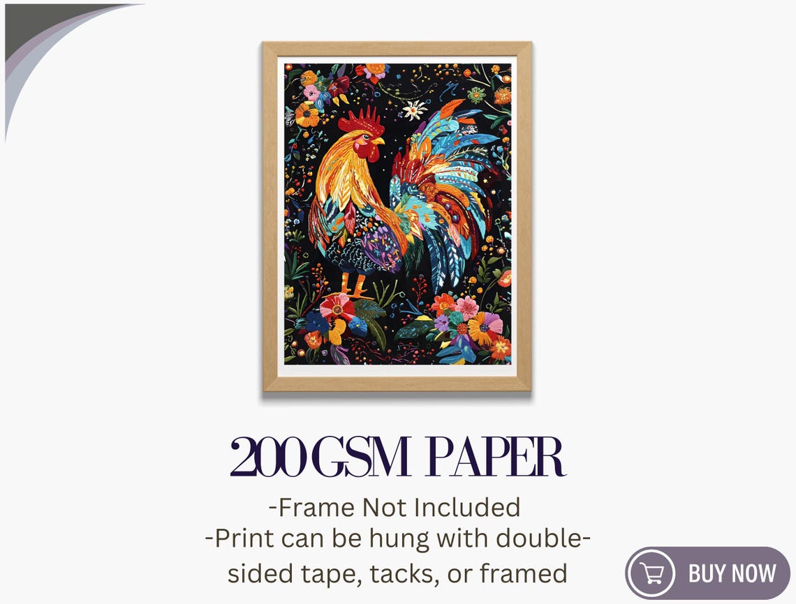 Proud Colorful Rooster Rainbow Tail Feathers Floral Dark Art Print - Image 5
