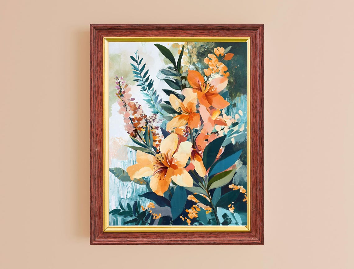Orange Lilies Watercolor Bouquet Teal Leaves Colorful Summer Wall Art - Image 2
