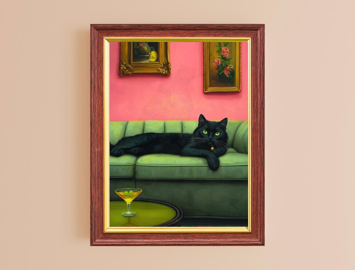 Black Cat Green Velvet Sofa Martini Retro Pink Midcentury Cat Art Poster - Image 6
