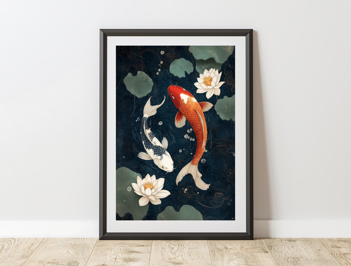 Koi Fish Pond Japanese Style Art Print Lotus Flowers Black Water Poster - Image 4