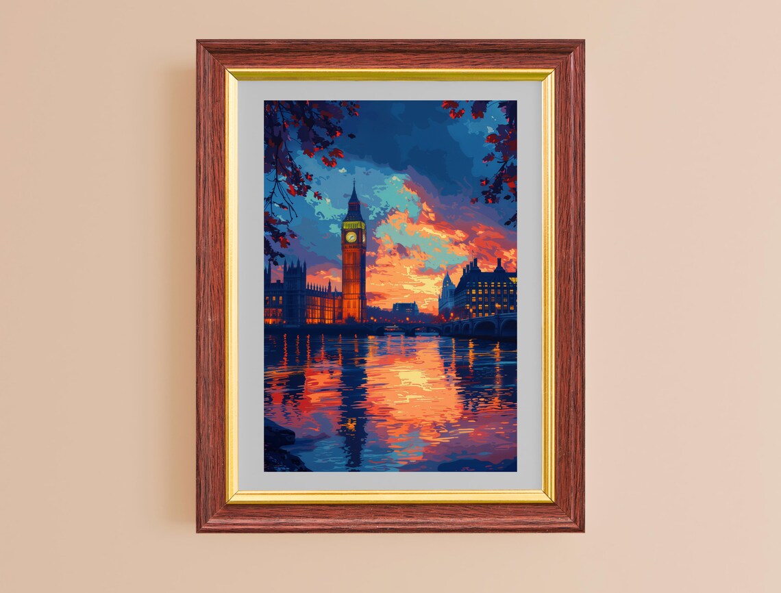 London Big Ben Sunset Thames River England Travel Painting Wall Poster