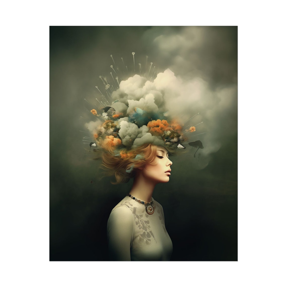 Surreal Woman Cloud Explosion Portrait Art Deco Dark Maximalist Poster - Image 2