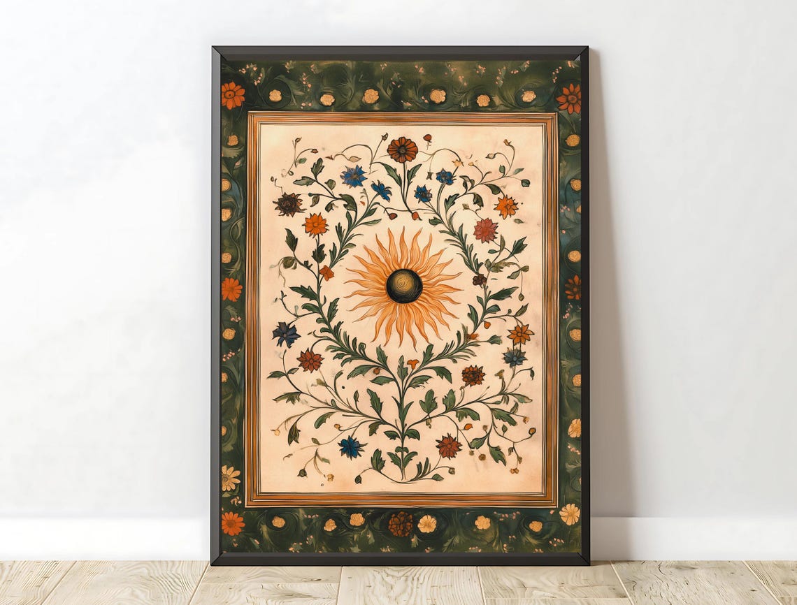 Sunflower Indian Mughal Style Floral Vines Dark Green Boho Art Poster