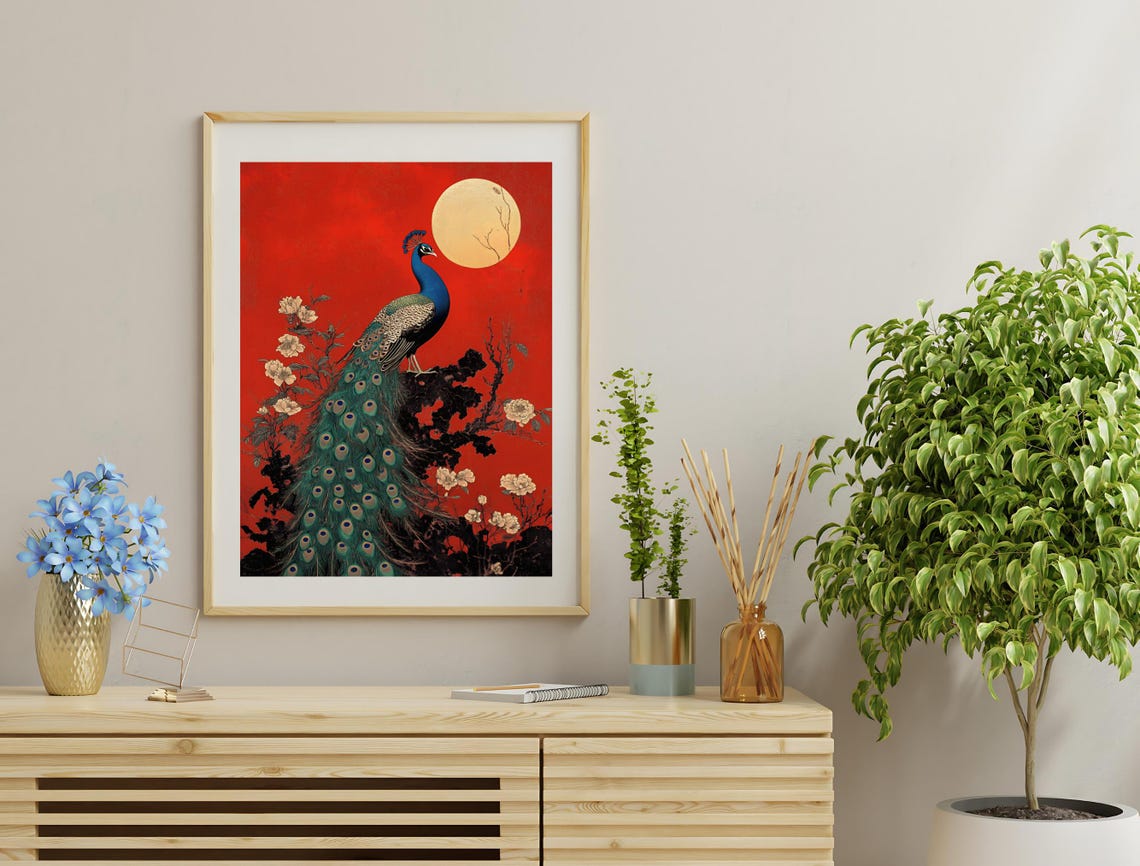 Peacock Full Moon Red Background Japanese Style Bird Art Poster - Image 3
