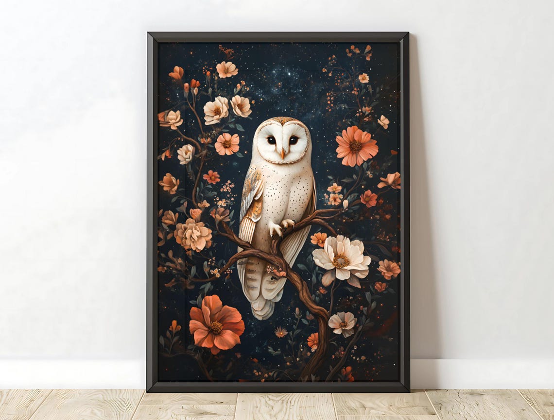 Barn Owl Night Garden Moody Botanical Vintage Style Wall Art Print