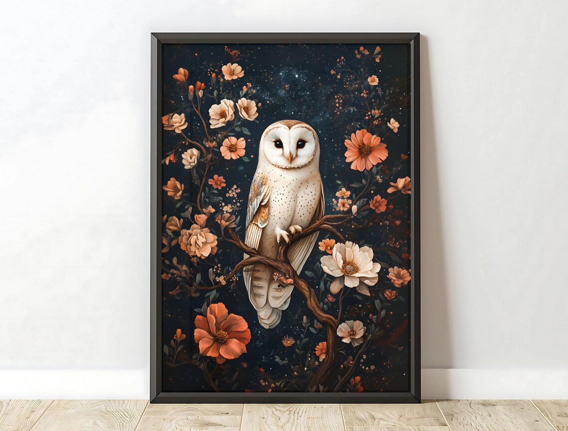 Barn Owl On Branch Starry Night Moody Floral Vintage Dark Art Print - Image 6