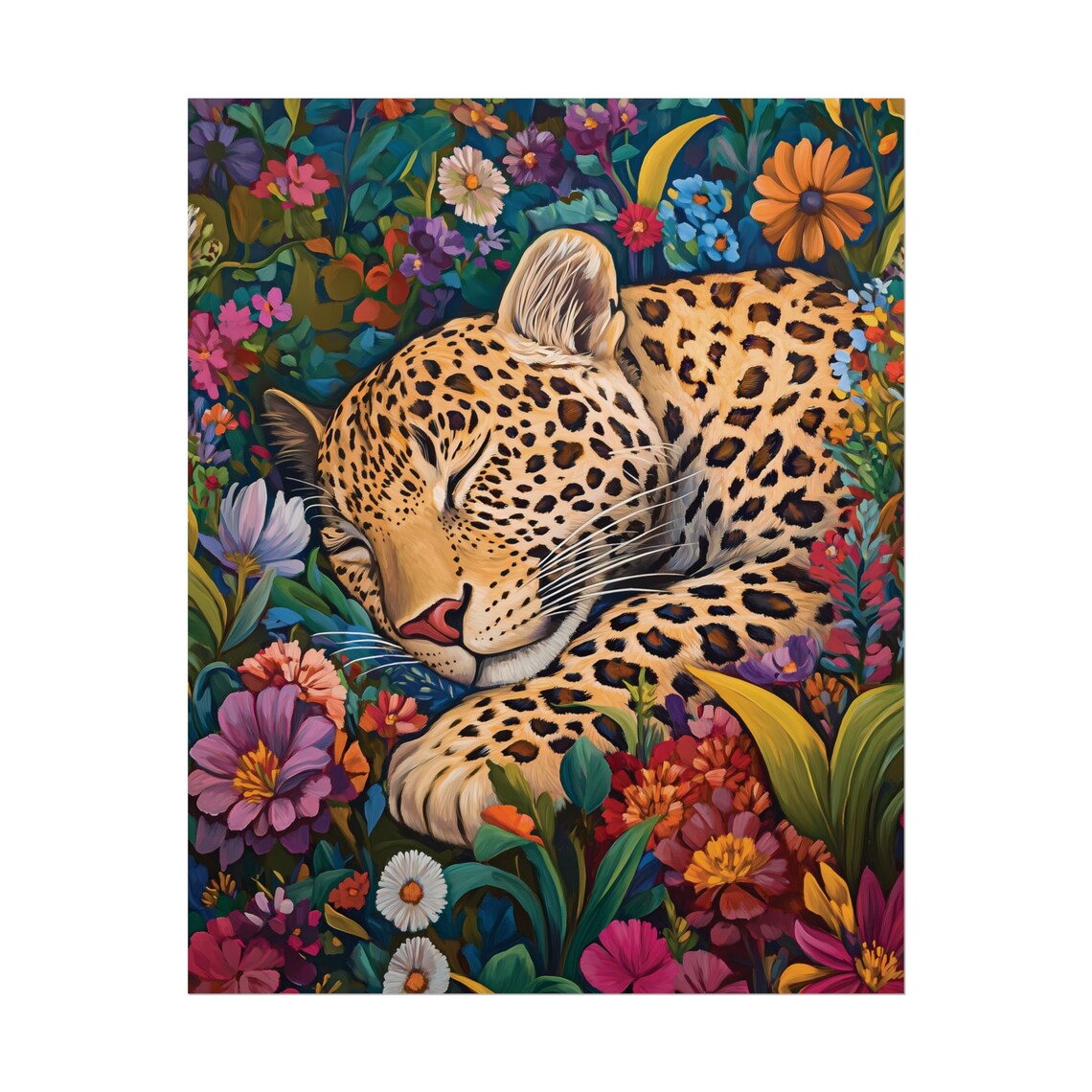 Sleeping Leopard Tropical Flower Garden Maximalist Jungle Animal Art Poster - Image 2