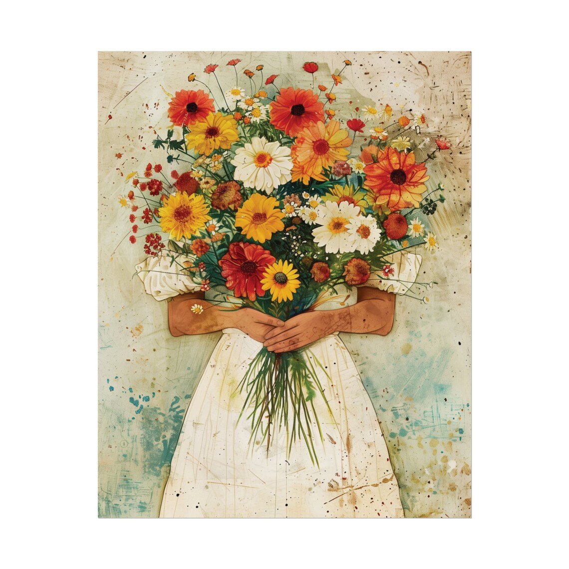 Woman White Dress Holding Wildflower Bouquet Vintage Floral Art Poster - Image 2