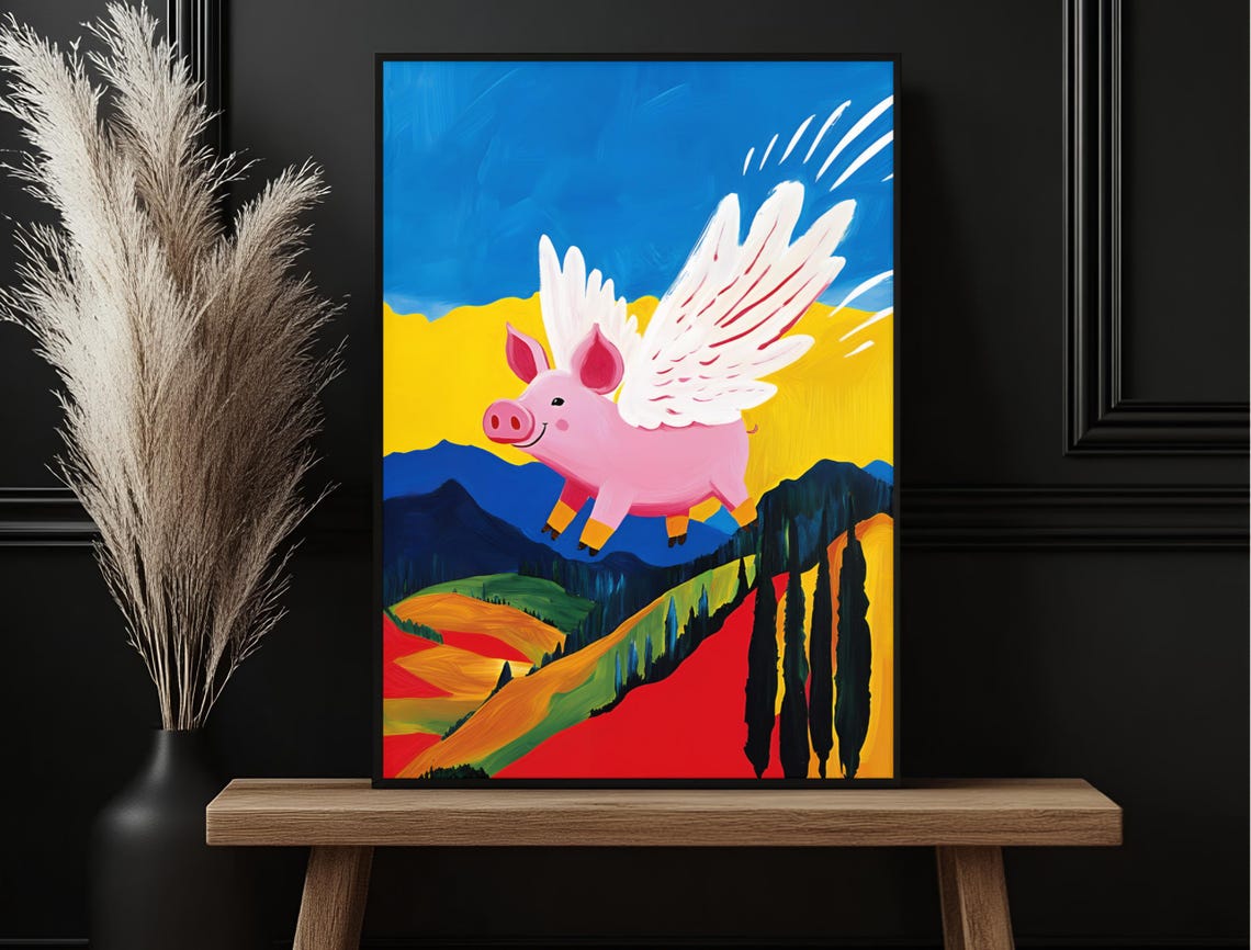 Winged Pink Pig Soaring Bold Patchwork Hills Whimsical Art Print