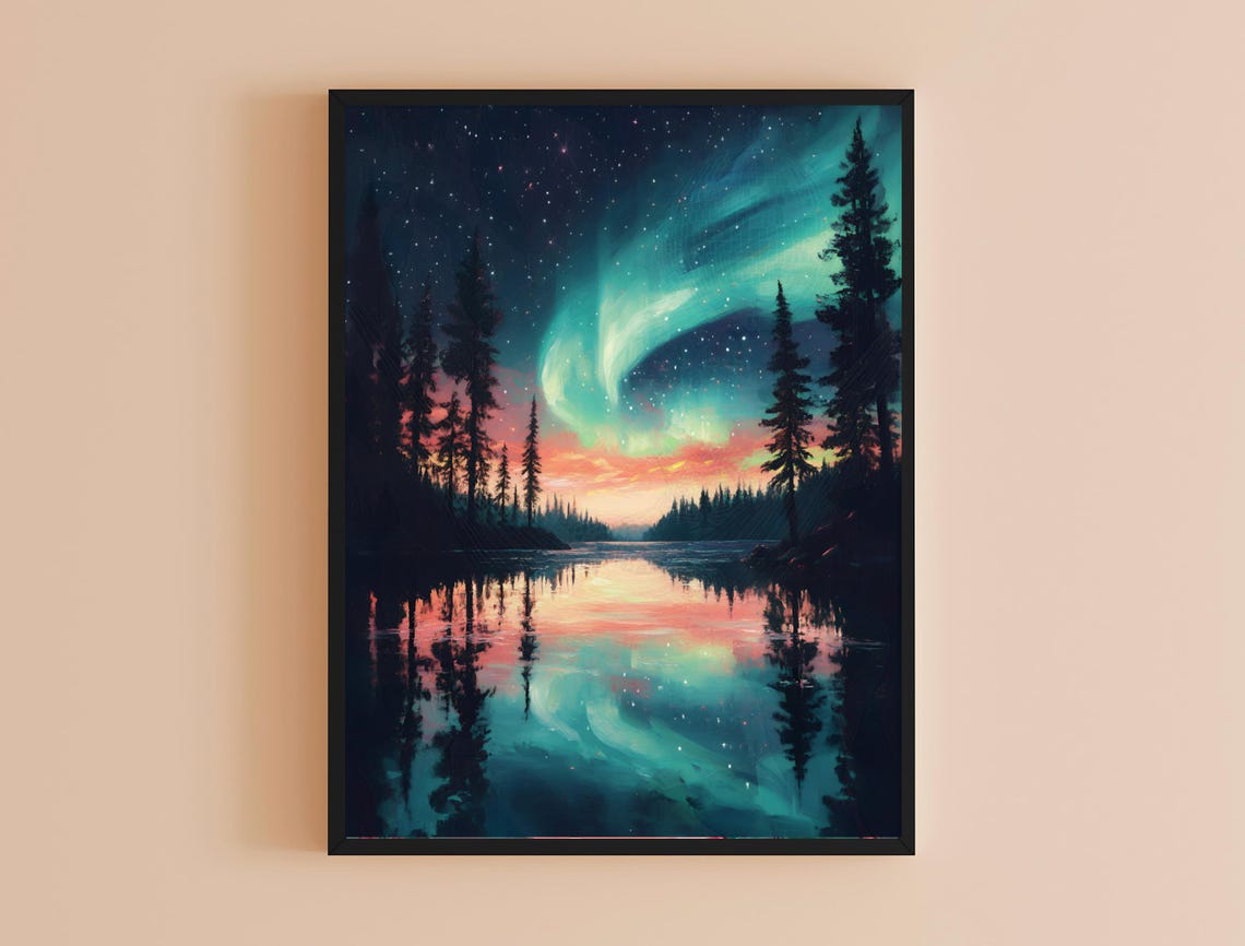 Northern Lights Teal Aurora Sunset Lake Reflection Pine Forest Poster - Image 4