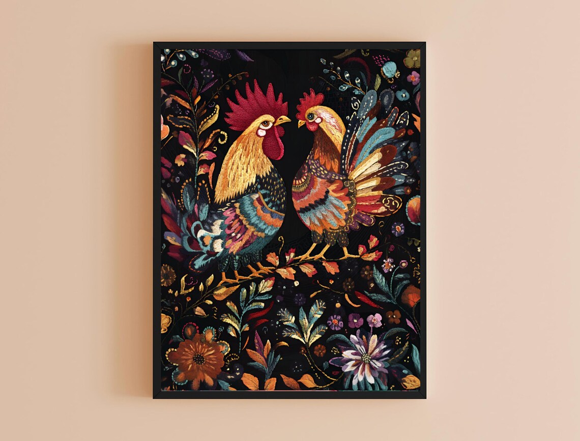 Two Colorful Roosters Folk Art Floral Dark Background Farm Print - Image 4