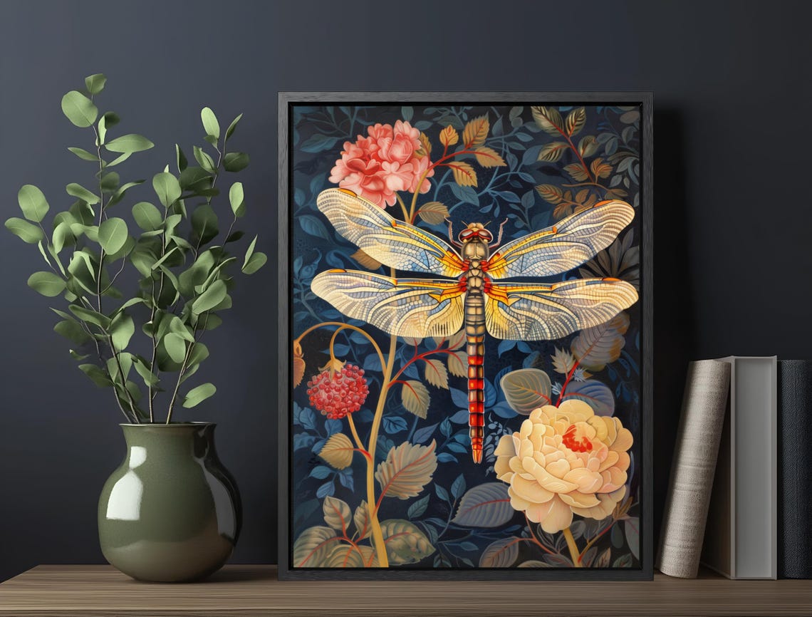Dragonfly Botanical Art Nouveau Dark Navy Vintage Nature Wall Poster - Image 6