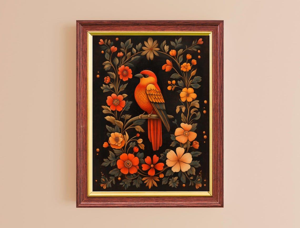 Mexican Wall Art Vintage Large Botanical Bird Print Dark Art Bedroom Decor Unique Housewarming Gift