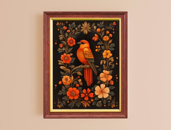 Bright Orange Bird Red Flowers Black Background Folk Botanical Art Print