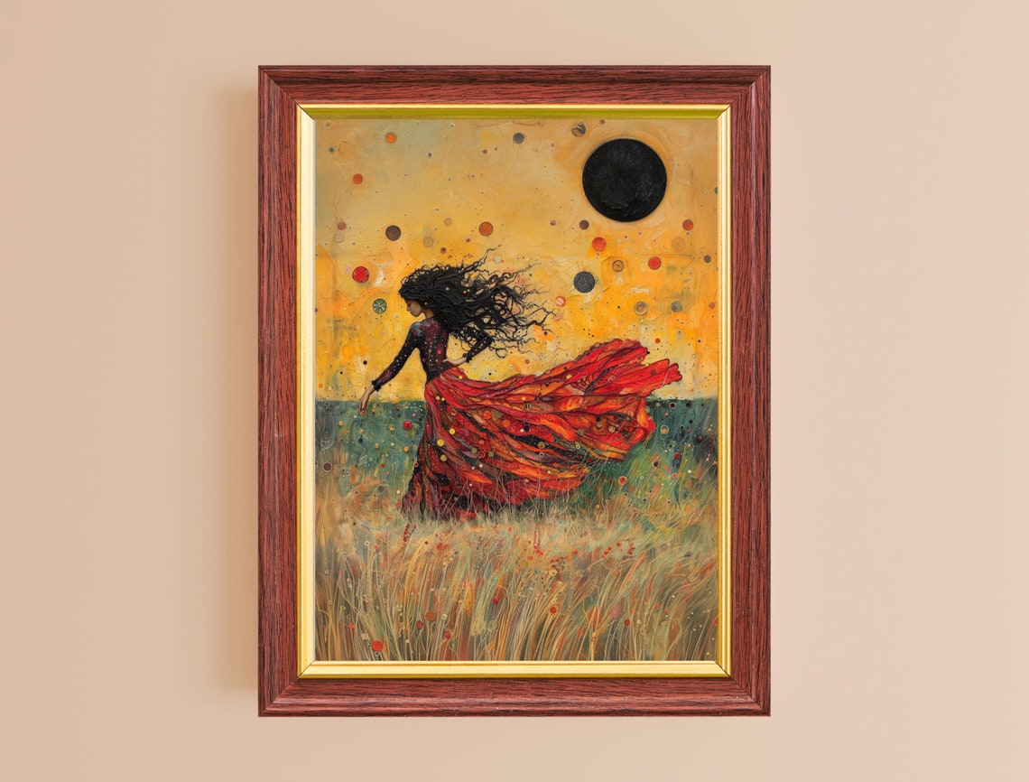 Woman In Red Dress Dancing Wheat Field Golden Sky Artistic Wall Poster - Image 4