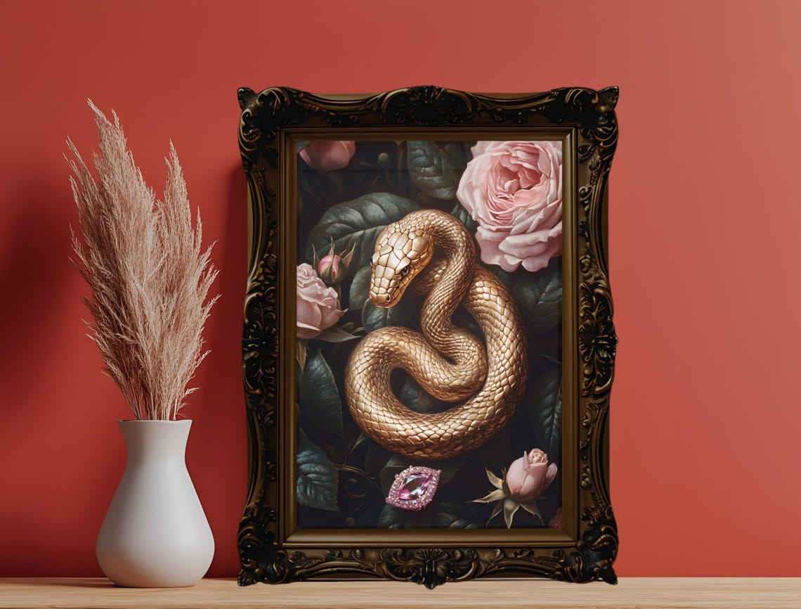 Golden Snake Pink Roses Moody Botanical Vintage Maximalist Art Poster - Image 6