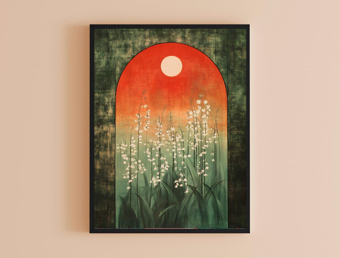 Lily of the Valley Crimson Arch Pale Moon Vintage Floral Poster