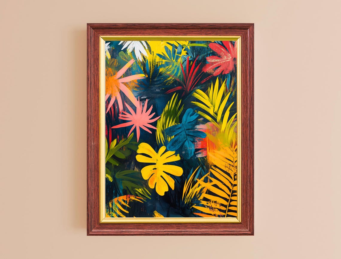 Neon Tropical Leaves Abstract Dark Navy Colorful Botanical Art Poster