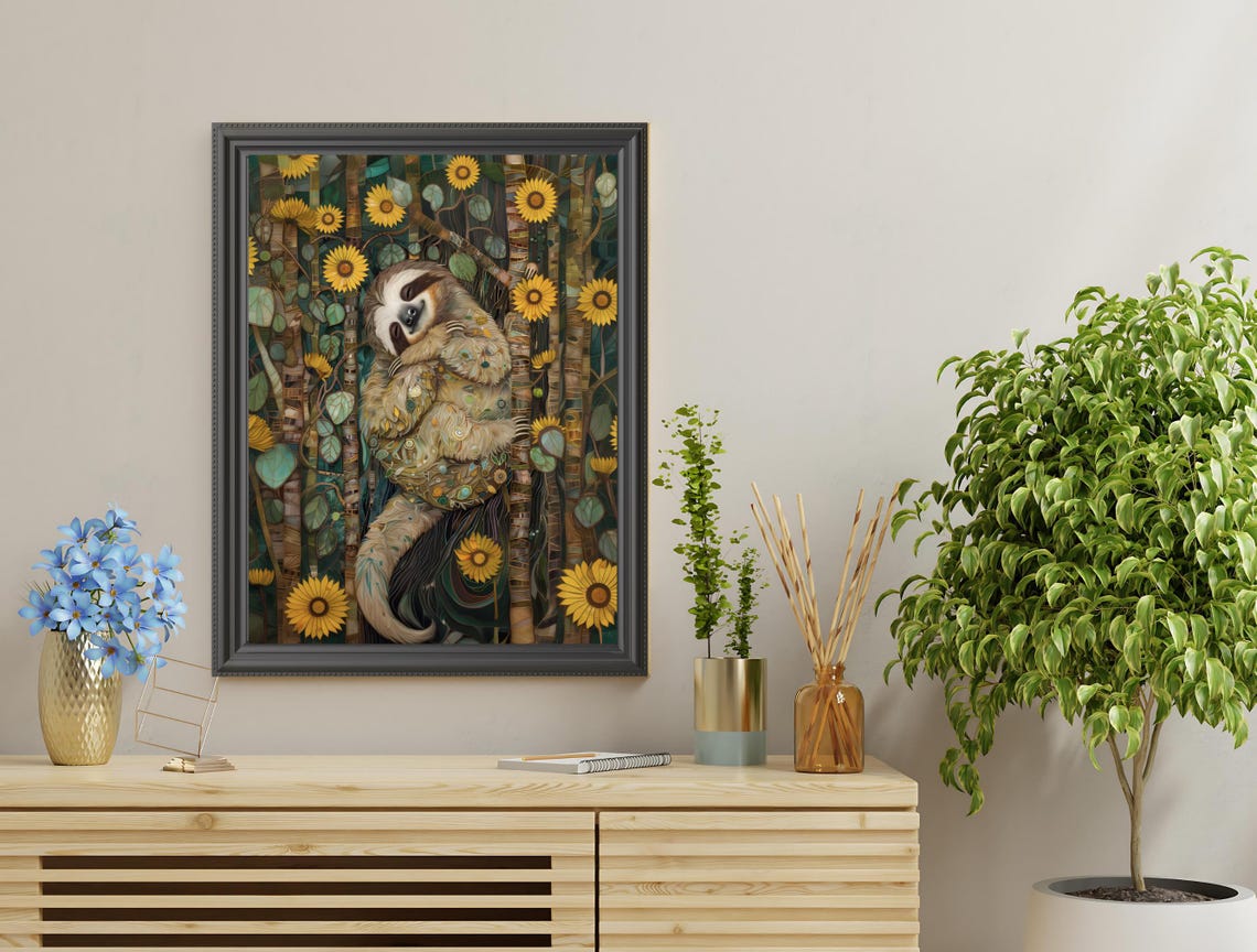 Sleeping Baby Sloth Sunflowers Illustrated Nursery Animal Art Poster - Image 3
