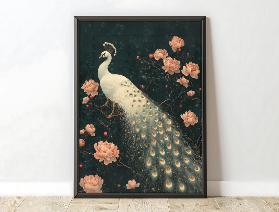 White Peacock Pink Peonies Moody Black Floral Botanical Art Print - Image 6